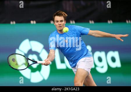 Kazakhstan's Alexander Bublik in action against Great Britain's Cameron Norrie during the Davis Cup by Rakuten group stage match between Great Britain and Kazakhstan at the Emirates Arena, Glasgow. Stock Photo