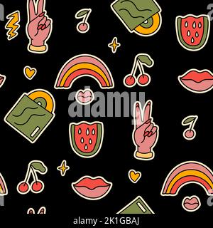 70s 80s groovy retro seamless vector pattern. Cartoon rainbow, music cherry hand sticker retro summer psychedelic funky cute background Stock Vector