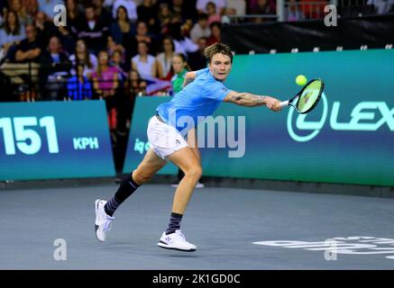 Kazakhstan's Alexander Bublik in action against Great Britain's Cameron Norrie during the Davis Cup by Rakuten group stage match between Great Britain and Kazakhstan at the Emirates Arena, Glasgow. Stock Photo