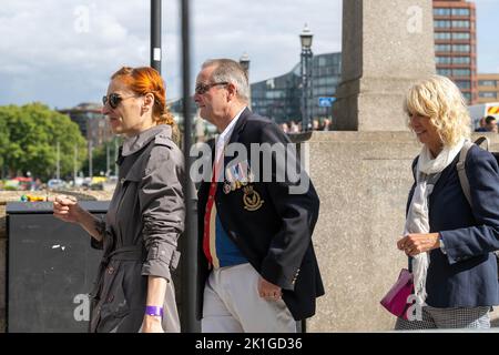 Man with medals and union flag waistcoat waits in a queue on Lamberth Bridge to view The Queen's coffin. Large crowds of mourners visit Westminster Hall to view the Queen's coffin. (Photo by Ian Davidson / SOPA Images/Sipa USA)