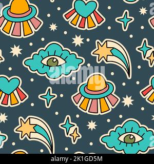 Cute cartoon groovy cloud, ufo, star sticker vector seamless pattern ...