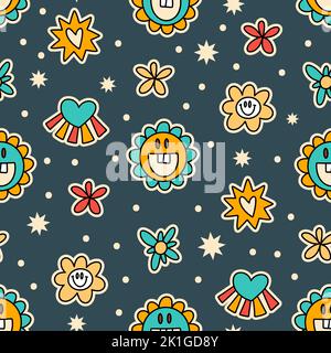 70s 80s groovy retro seamless vector pattern. Cartoon heart flower smile retro summer psychedelic funky cute background Stock Vector