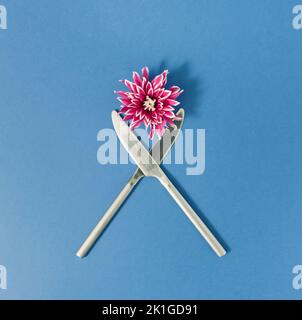 Two silver knives and purple dahlia flower in bloom on blue background. Stock Photo