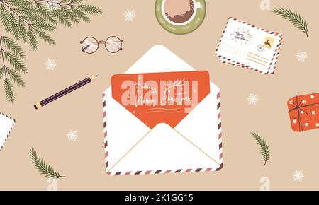 Christmas envelope on desk. Handmade greeting card. Sending or receiving New Year postcard or invitation. Top view. Vector illustration in flat Stock Vector