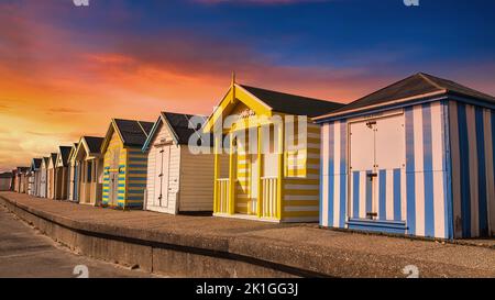 Beach huts located at Chapel St Leonards on the Lincolnshire coast of England. Stock Photo