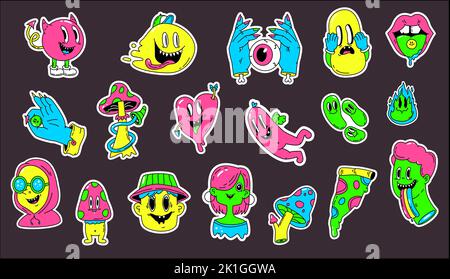 Funny acid surreality cute stickers. Hipster patches with crazy retro characters. Groovy design 70s 80s, neon psychedelic mushroom and snugly vector Stock Vector