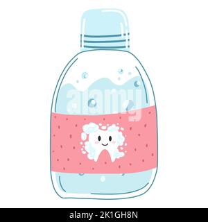 Hand drawn mouthwash bottle with kawaii tooth character in cartoon flat style. Vector illustration of liquid for rinsing mouth, dental care concept, o Stock Vector