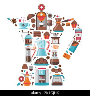 Coffee and Pastry Icons Print Stylized in Moka Pot Stock Vector