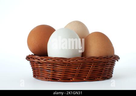 Collection of white, brown and light brown organic farm chicken eggs in mini brown wicker basket and isolated on white background. Stock Photo