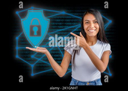 Latin Woman hand showing cloud computing diagram. Cloud technology. Data storage. Security network,Networking and internet service concept. Stock Photo