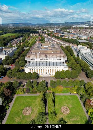 Cardiff, Wales - September 2022: Aerial view of the main Administrative offices of the Welsh Government in Cathays Park in the city's civic centre Stock Photo