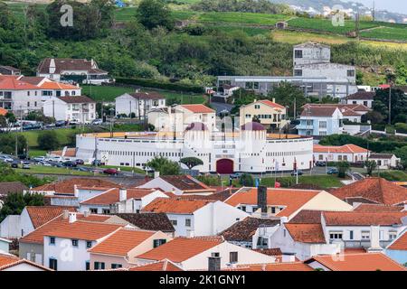 City view of the Praca de Toiros or bullring, in Angra do Heroismo, Terceira Island, Azores, Portugal. Stock Photo