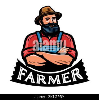 Cute bearded farmer in a hat emblem or logo. Cartoon character vector illustration. Agriculture, organic farm badge Stock Vector
