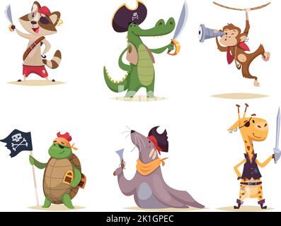 Pirate animals. Wild animals in action poses with pirate attributes clothes and weapons exact vector colored cute illustrations Stock Vector