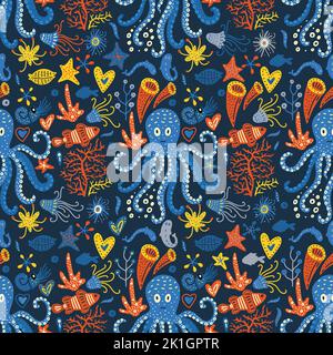 Octopus fish summer seamless vector pattern. Kid cartoon cute background. Stock Vector