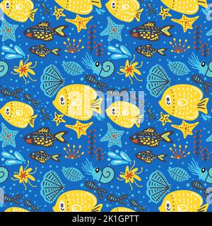 Fish summer seamless vector pattern. Kid cartoon cute background. Stock Vector