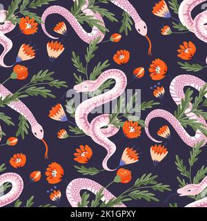 Snake floral seamless pattern. Vector flower magic snakes mystic boho background modern art. Stock Vector