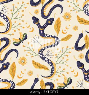 Snake and moth floral seamless pattern. Vector flower magic mystic boho background modern art. Stock Vector