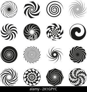 Black swirls and spirals simple graphic elements. Whirlwind isolated icons, spiral circular shapes. Swirling abstract hypnosis tidy vector design Stock Vector