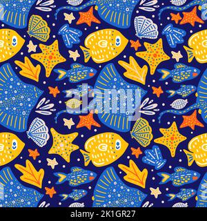 Fish stingray summer seamless vector pattern. Kid cartoon cute background. Stock Vector