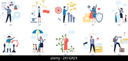 Mbti types characters, individuals logic problem. Creative mindset people, intuitive mind and business problem solve. Recent psychology typologies Stock Vector