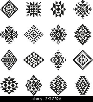 Aztec motifs tribal ethnic design. Navajo decoration symbols set, boho tattoo geometric template. Isolated art peru ornament, native folk tidy vector Stock Vector