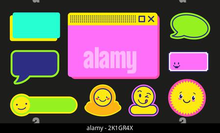 Various acid stickers blank template for sale, kids labels for school. Retro 80s 90s style vector banners. Empty color speech bubble, tags with cute Stock Vector