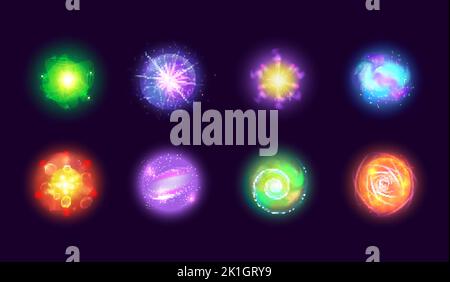 Glow energy balls. 3d electrical ball burst effect magic spheres, discharge thunder power color flash crystal plasma spark fantasy mystic orb lightning photon vector illustration of light burst circle Stock Vector