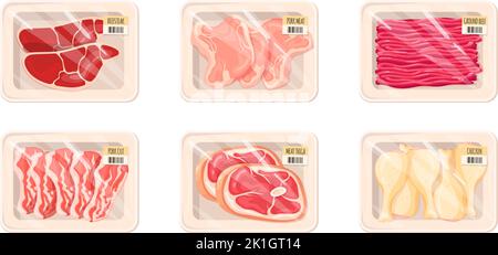 Raw meat packaging. Packaged ground beef, frozen pork fillet or chicken wrapped vacuum plastic trays counter supermarket, cut beefraw steak fresh mince product vector illustration. Raw food and beef Stock Vector