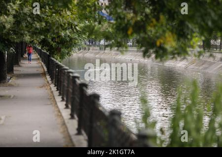 Bucharest, Romania - September 17, 2022: Dambovita river in the centre of Bucharest. Stock Photo
