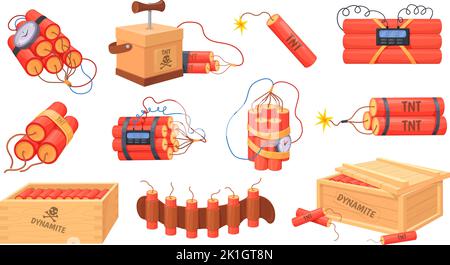 Tnt dynamite. Cartoon bomb with burning wick and explosive detonator, red stick box mining blast charge, destroy firecracker miniature fuse burning cable, neat vector illustration Stock Vector