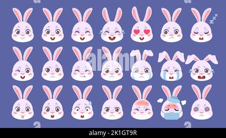 Rabbit emoji. Bunny emoticon, hare face emotion cute easter animal expression kawaii smiling or cry character stickers set muzzle rabbits avatars icon vector illustration of emoji smile rabbit Stock Vector