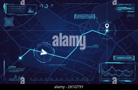 Hud roadmap. Road direction in digital gps navigation map on screen display, future routes hologram way data network, game app location tracks dashboard, garish vector illustration of roadmap Stock Vector