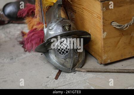 Bucharest, Romania - September 17, 2022: Roman gladiator equipment during a historic reenactment event. Stock Photo