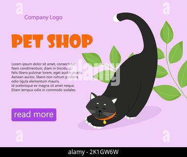 Pet shop banner. Black cat with a collar. Vector illustration in flat style Stock Vector