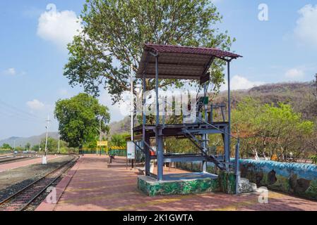 Railway track control tower, lever control tower at railway station platform of mountain village Kalakund near Mhow, Indore, Madhya Pradesh on a sunny Stock Photo
