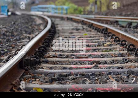 A scenic view of hill station and railway track at mountain village Kalakund near Mhow, Indore, Madhya Pradesh on a sunny summer day. Indian village. Stock Photo