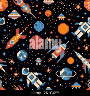 Pixel art intergalactic adventures seamless pattern. Space traveler, planets, UFO, spaceships and stars in outer space. 8 bit background design with a Stock Vector