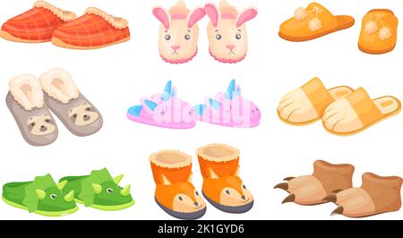 Kid slippers. Child fun home slipper, soft bedroom shoe house childish pajama party, funny fluffy animal on footwear for house bathroom, cartoon vector illustration of soft warm and comfortable Stock Vector
