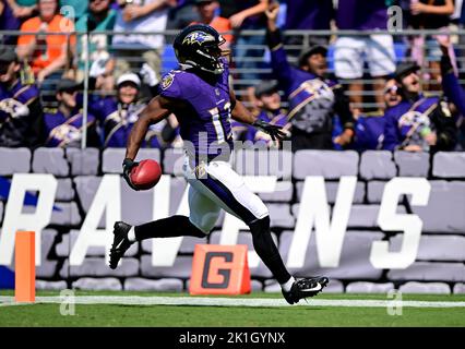 Baltimore, United States. 19th Sep, 2021. Baltimore Ravens head coach John  Harbaugh congratulates wide receiver Devin Duvernay (13) after a touchdown  against theKansas City Chiefs during the first quarter at M&T Bank