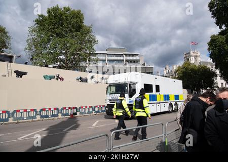 Westminster, London, UK. 18th September, 2022. It was very hectic around Westminster Abbey today as preparations were being made for Her Majesty the Queen's funeral tomorrow. A big police security operation is underway in the area. Television stations from across the world were reporting live from outside Westminster Abbey. Credit: Maureen McLean/Alamy Live News Stock Photo