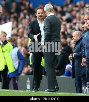 Liverpool, England, 18th September 2022. Frank Lampard manager of Everton (l) shakes hands with David Moyes manager of West Ham United (r)  during the Premier League match at Goodison Park, Liverpool. Picture credit should read: Lexy Ilsley / Sportimage Stock Photo