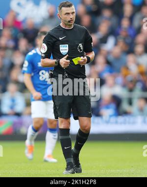 Liverpool, England, 18th September 2022. Referee Michael Oliver  during the Premier League match at Goodison Park, Liverpool. Picture credit should read: Lexy Ilsley / Sportimage Stock Photo