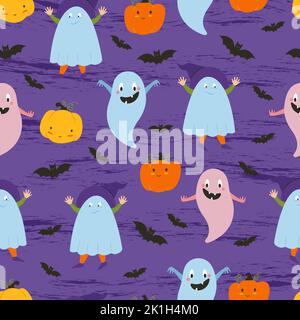 Halloween ghosts. Children in Halloween costumes, pumpkins. Flat illustration. Vector seamless pattern Stock Vector