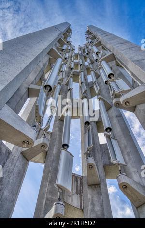 Looking up at the Tower of Voices and its wind chimes at September 11th’s Flight 93 Memorial in Stoystown, Pennsylvania. Stock Photo