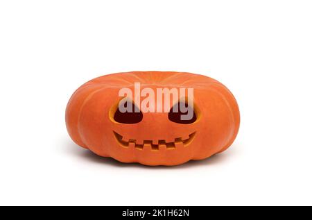 Halloween pumpkin Jack o Lantern head isolated on white background. Funny carved Halloween pumpkin. Stock Photo