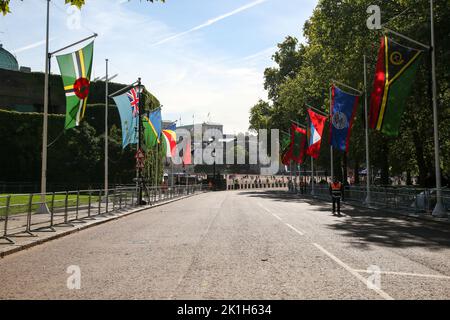 London, UK. 18th Sep, 2022. Flags of the counties for The State Funeral of Her Majesty The Queen. Credit: Sipa US/Alamy Live News