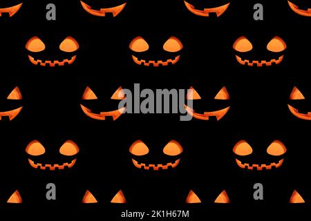Seamless pattern with a glowing jack lantern smile on a black background. Jack o lantern pumpkin head background. Stock Photo