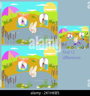 in the funny Rabbits on the Grass rebus for children up to 8 years old, find 12 differences Stock Vector