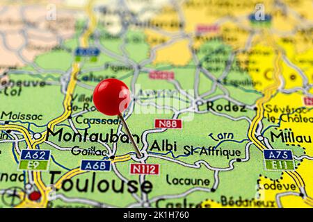 Paris map. Close up of Paris map with red pin. Map with red pin point of Paris in France. Stock Photo